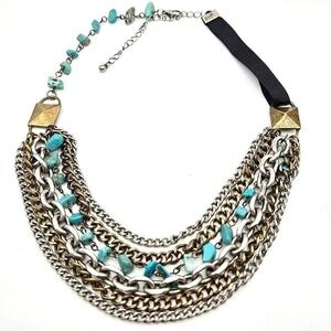 Turquoise Colored Stone Chain Necklace Multi Strand Statement Bohemian Jewelry